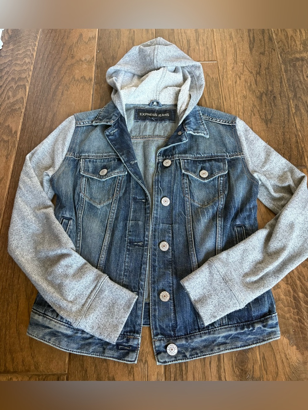 Express Blue Denim Jacket with Gray Hoodie Sleeves